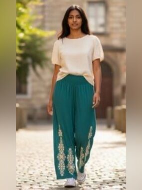 Sundance Spice Route Teal Embroidered Wide-Leg Palazzo Pants with Pockets Size M
